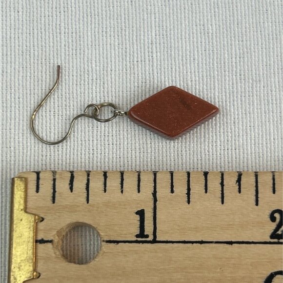 Goldstone Diamond Shaped Drop Earrings Silver Hooks Brown Sparkly - Picture 6 of 7